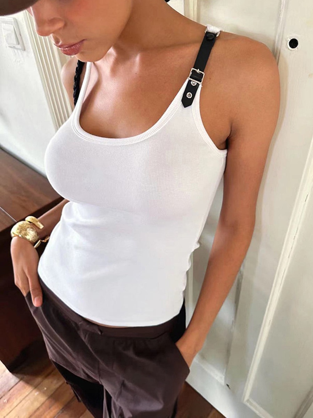 Commense Ribbed Stretchy Faux Leather Buckle Vintage Tank Top
